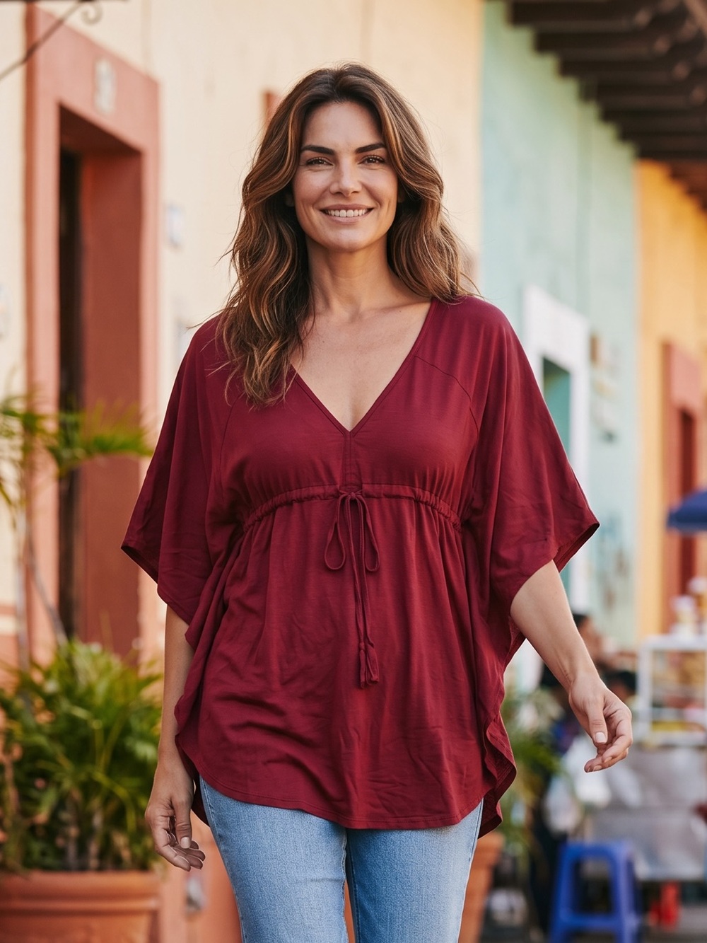 Red Relaxed Tie Front blouse with batwing